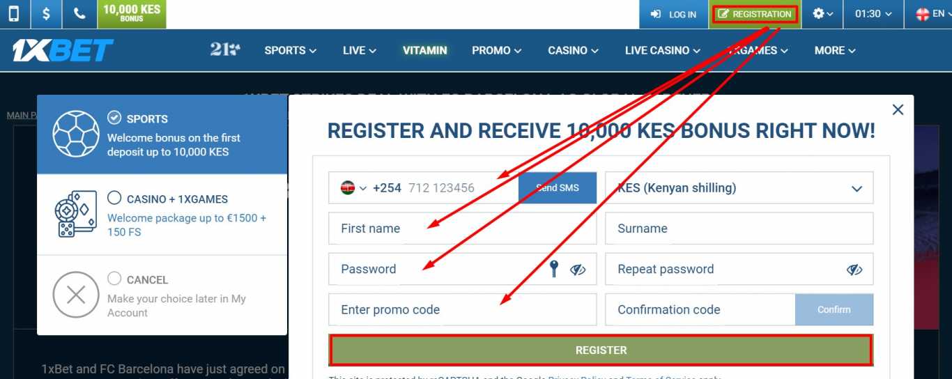 How to create 1xBet account by email